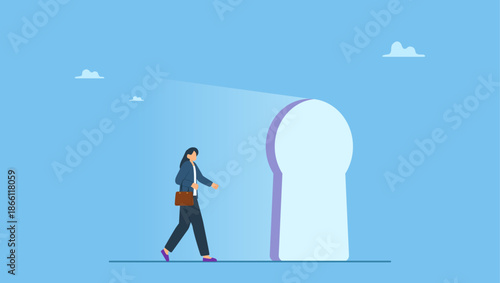 Hopeful motivated businesswoman walking through bright doorway keyhole. Life changing opportunity, enter career success door or success in work, new challenge or doorway to bright future.