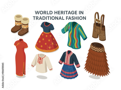 Traditional fashion flat icon set. featuring dresses, boots, lederhosen, feather skirt, and ethnic garments