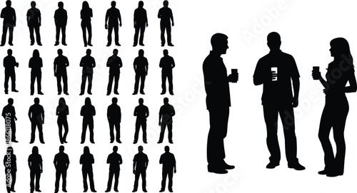 Business people silhouettes set socializing and networking with drinks, casual meeting, communication, teamwork, corporate lifestyle, black white illustrationWeb