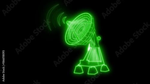 Glowing neon outline of a satellite dish tower animation on a black background