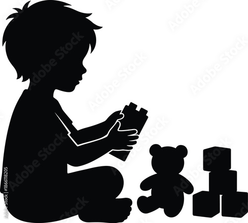 Child playing with teddy bears silhouette, innocence, imagination, childhood memories, toy playtime, emotional bonding, black white illustration conceptWeb