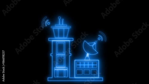 Neon Airport Control Tower and Radar Dish Animation