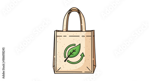 Hand-drawn illustration of an eco-friendly reusable tote bag with a green leaf and arrow symbol.