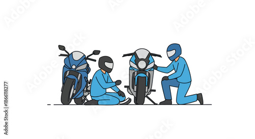 Motorcyclists in blue suits and helmets inspecting sport bikes.