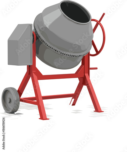 Concrete cement mixer machine illustration for construction work, industrial equipment design, building site machinery, isolated on white background