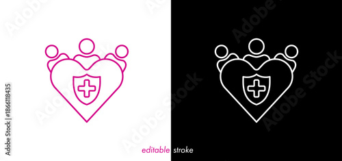 Editable stroke medical cross badge heart line art, people vector design to use for healthcare, hospital, healthy lifestyle, medical laboratory, medical science project.