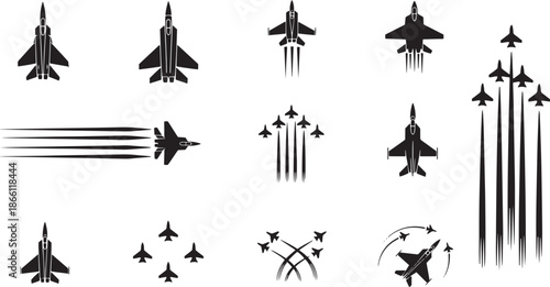 Collection of Fighter Jet Silhouettes and Air Show Formations Representing Aerial Power and Precision