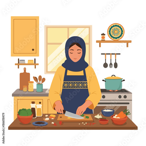 Muslim woman in hijab cooking a healthy meal in a bright, modern kitchen, chopping fresh vegetables for a delicious dish