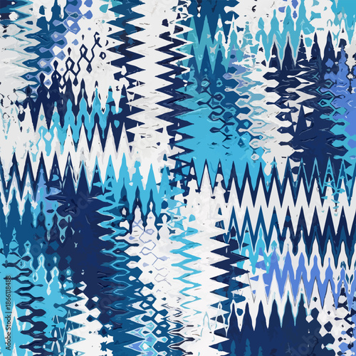 Abstract blue chevron pattern. Grunge zigzag texture resembling tie dye or ikat fabric. Modern geometric vector illustration suitable for textile design, fashion prints, wallpaper, scarf, textile.