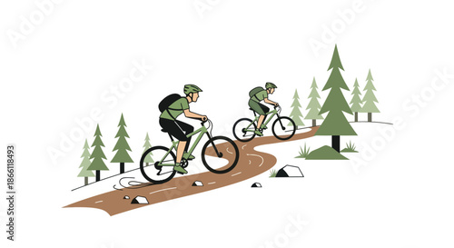 Two cyclists riding mountain bikes on a winding dirt trail through a forest.