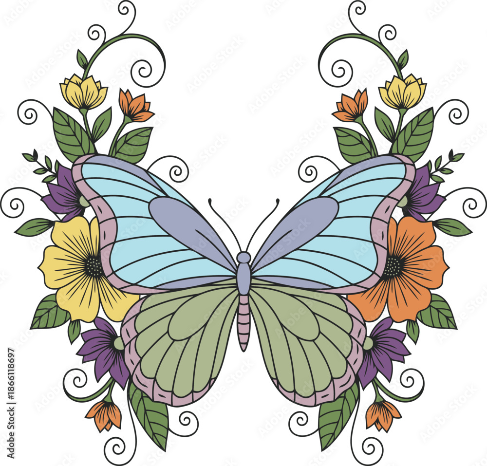 Obraz premium Colorful hand-drawn butterfly with blue and green wings amidst vibrant flowers and swirling vines