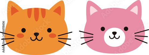 Cute cat faces cartoon illustration set, orange and pink kittens, adorable animal icons, playful kids design, simple flat style artwork