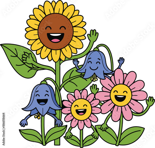 Cheerful cartoon sunflower and bluebell flowers waving happily with smiling faces Keywords: sunflower