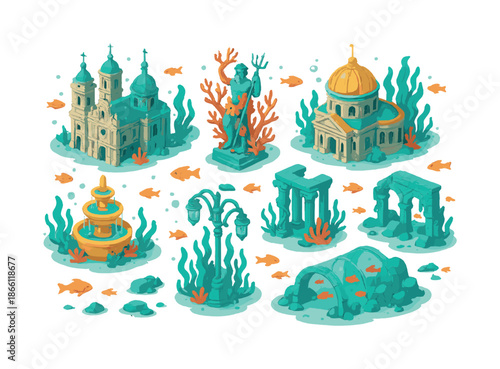 Underwater city flat icons set. featuring cathedral, statue, pavilion, fountain, ruins, and aqueduct structures