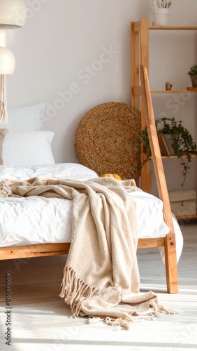 A cozy bedroom with a wooden bed frame, white bedding, and a beige throw blanket draped over it.