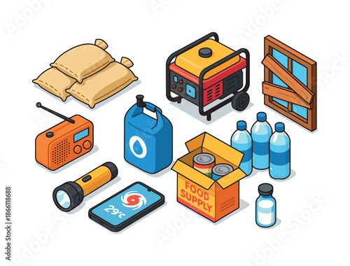 Emergency preparedness isometric icon set. featuring water, food, generator, radio, flashlight, phone
