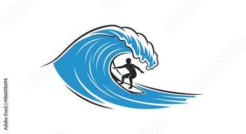 Stylized illustration of a surfer silhouette riding a large blue curling wave.
