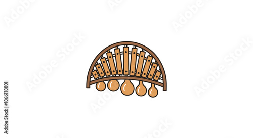 A traditional arched balafon a West African percussion instrument with wooden keys and gourds.