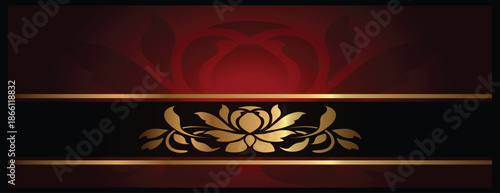 Luxury gold floral crest element layered on dark red and black background banner