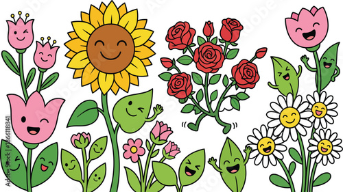 Diverse cartoon flowers and leaves with happy faces waving and smiling in a playful arrangement