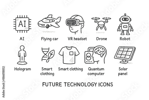 Future technology linear icon set. featuring ai, flying car, vr headset, drone, robot, hologram, smart clothing