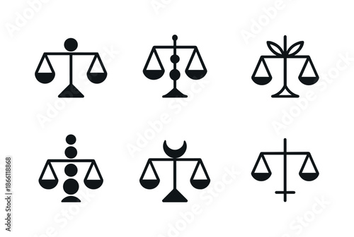 Justice silhouette icon set. featuring scales, balance, law, legal, equality, and fairness symbols