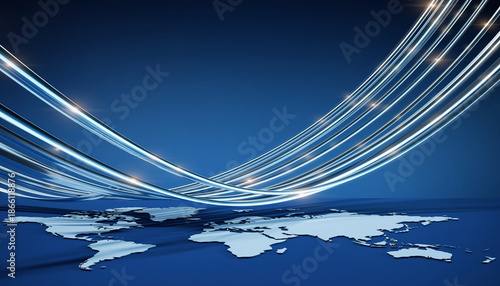 航路と空路の流れを描いたグローバル物流の抽象マップ背景