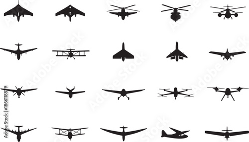 Collection of various airplane, aircraft, and drone silhouettes representing aviation and flight technology