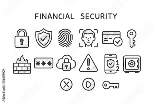 Financial security linear icon set. featuring lock, shield, fingerprint, face id, credit card, and key