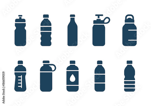Water bottles silhouette icons set. featuring sports, reusable, pump, insulated, and gradient water bottles