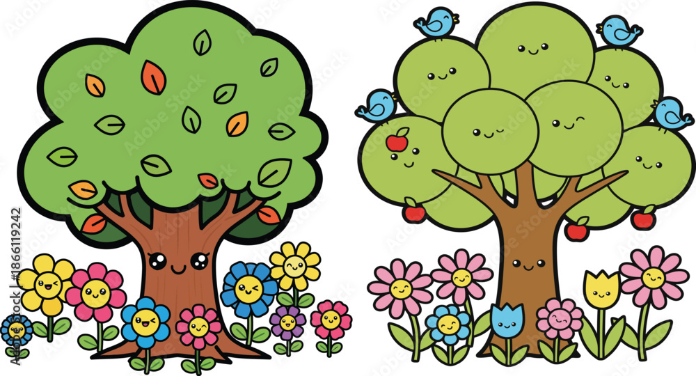 Fototapeta premium Two cute cartoon trees with smiling faces surrounded by colorful flowers and birds on a white background