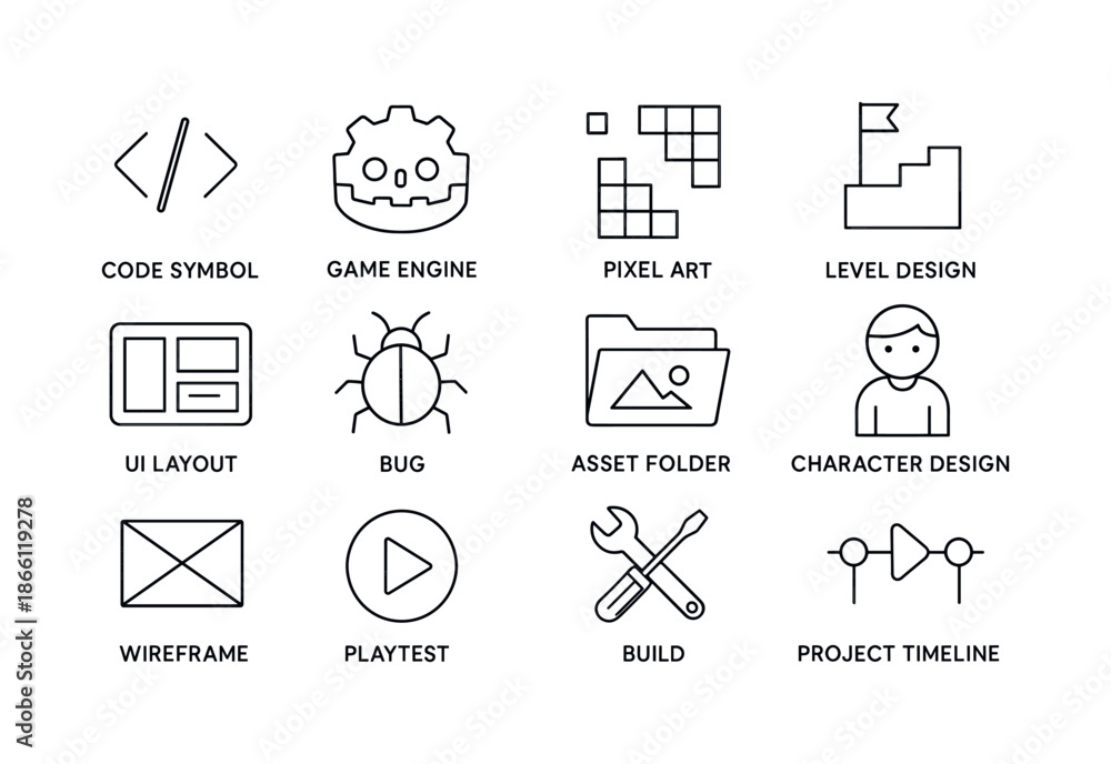 Fototapeta premium Game development linear icon set. featuring code symbol, game engine, pixel art, and level design