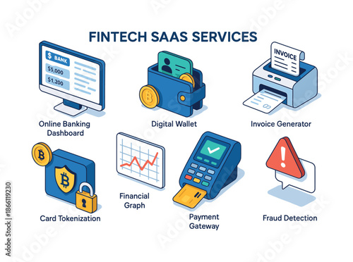 Fintech saas services flat icon set. featuring online banking, digital wallet, invoice generator, and payment gateway icons