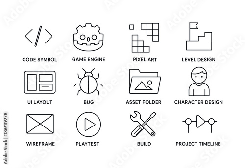 Game development linear icon set. featuring code symbol, game engine, pixel art, and level design