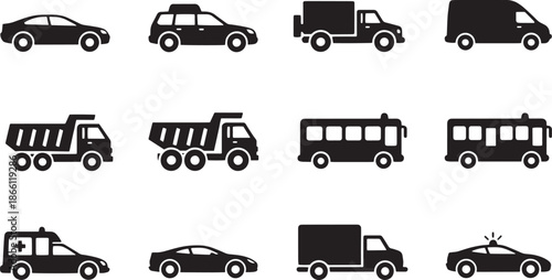 A complete graphic collection of essential transportation vehicle icons, showcasing various automobiles, trucks, and buses in a clean black silhouette style, ideal for modern digital design