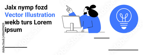 Creativity, innovation, digital brainstorming, online learning, business ideas, productivity. Female figure using a computer, pointing upwards lightbulb icon. Creativity and innovation concept