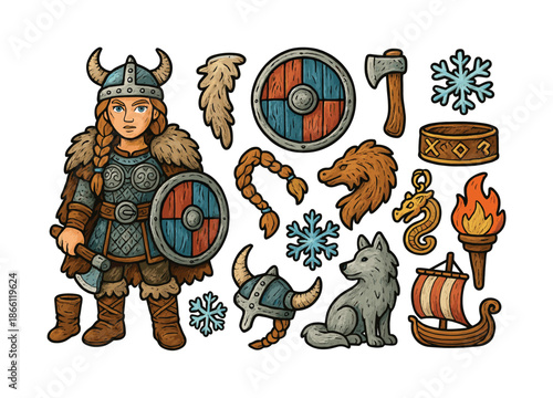 Viking adventure flat icon set. featuring warrior, shield, axe, wolf, ship, and fire symbols
