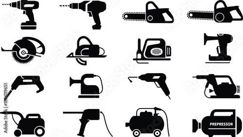 Power tools silhouette icons set featuring electric construction and industrial equipment vector collection for workshop repair engineering design