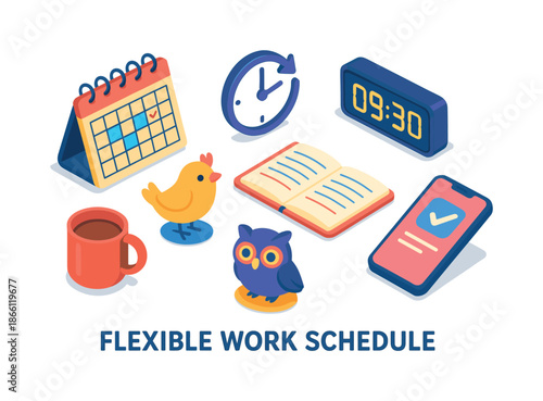 Flexible work silhouette icon set. featuring calendar, clock, coffee, phone, book, and bird symbols