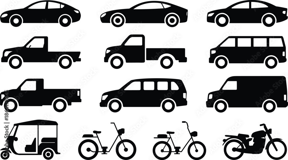 Fototapeta premium Transportation Vehicle Icon Set Featuring Cars, Trucks, Vans, Buses, Bicycles, Motorcycles and Urban Mobility Transport Symbols Design Collection Modern Flat