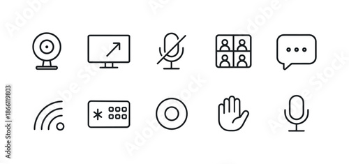 Communication tools linear icon set. featuring webcam, screen, microphone, video chat, speech bubble, wi-fi, keypad, record, hand, audio