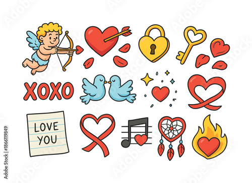 Valentine's day flat icon set. featuring cupid, heart, lock, key, dove, ribbon, note, music, dreamcatcher, flame