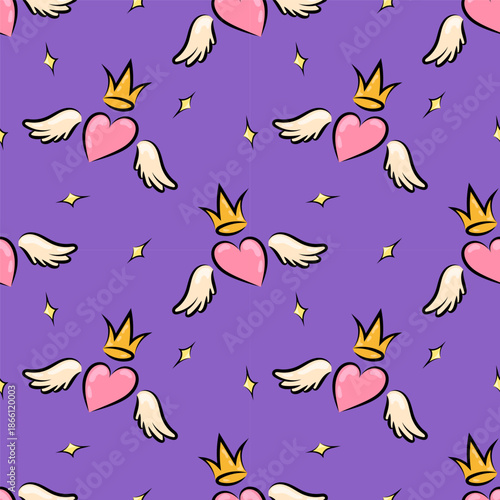 Seamless cute pattern with hearts, wings and crowns on purple background. Romantic design for social media posts, stories, wallpapers, web design and digital backgrounds.