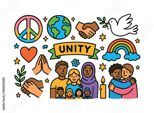 Peace and unity flat icon set. featuring dove, handshake, globe, rainbow, heart, and family symbols