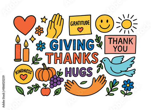 Gratitude and kindness flat icons set. featuring heart, gratitude, thank you, sun, smiley, dove, pumpkin, and candle symbols