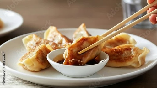 Asian Dumplings Dipping into Sauce Close Up