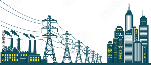 Electric power transmission lines connecting industrial factory and modern city skyline energy infrastructure vector illustration concept urban industry grid