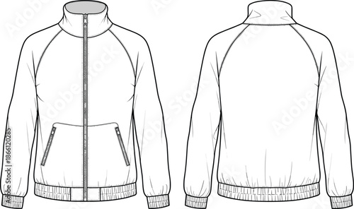 Men zip up jacket technical flat illustration showing front and back views with stand collar pockets and long sleeve apparel design