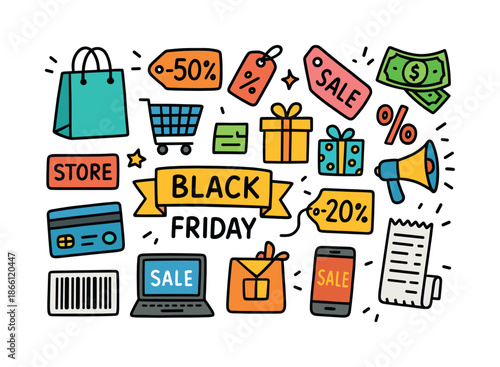 Shopping and sale linear icon set. featuring bag, cart, discount, money, gift, and receipt symbols