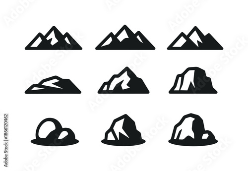 Nature silhouette icon set. featuring mountain, rock, boulder, and hill symbols
